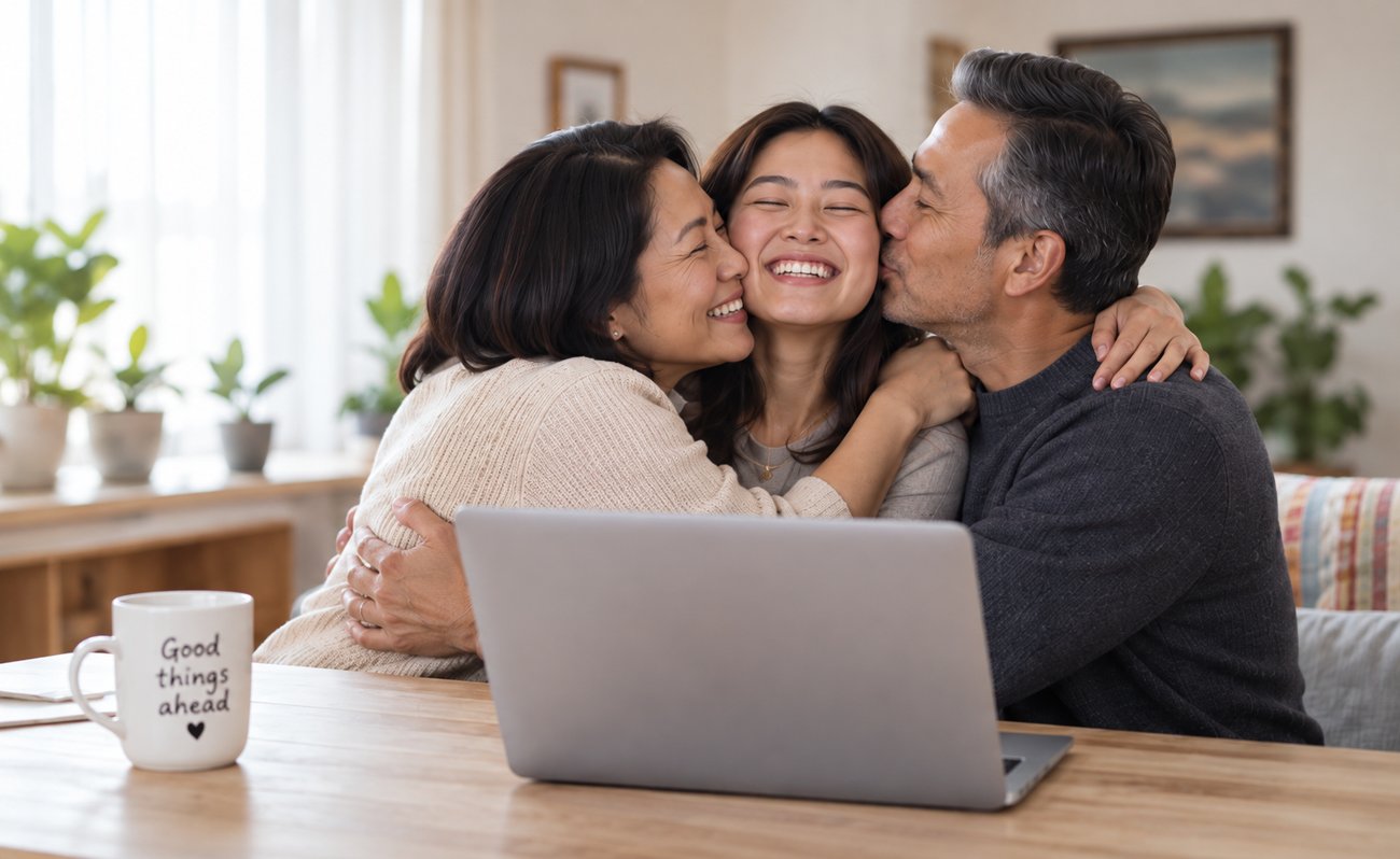 Illustrative family gathered around a laptop, reused from the supplied Yuzee Landing Page V3.